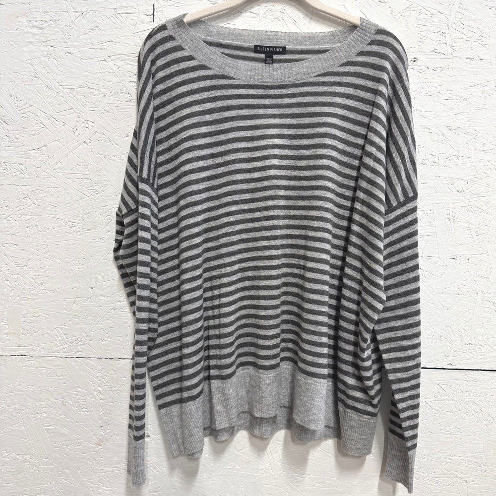 Eileen Fisher M Bateau Neck Top Grey Black Striped Merino Wool Minimalist Luxury